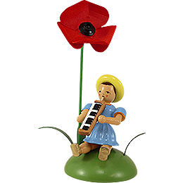 Flower Child with Field Poppy and Melodica Sitting  -  12cm / 4.7 inch