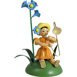 Flower Child with Forget - Me - Not and Slide Trombone, sitzend  -  11cm / 4.3 inch