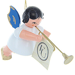 Tree Ornament  -  Angel with Fanfare  -  Blue Wings  -  Floating  -  5,5cm / 2.2 inch