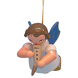 Tree Ornament  -  Angel with Gemshorn  -  Blue Wings  -  Floating  -  5,5cm / 2,1 inch